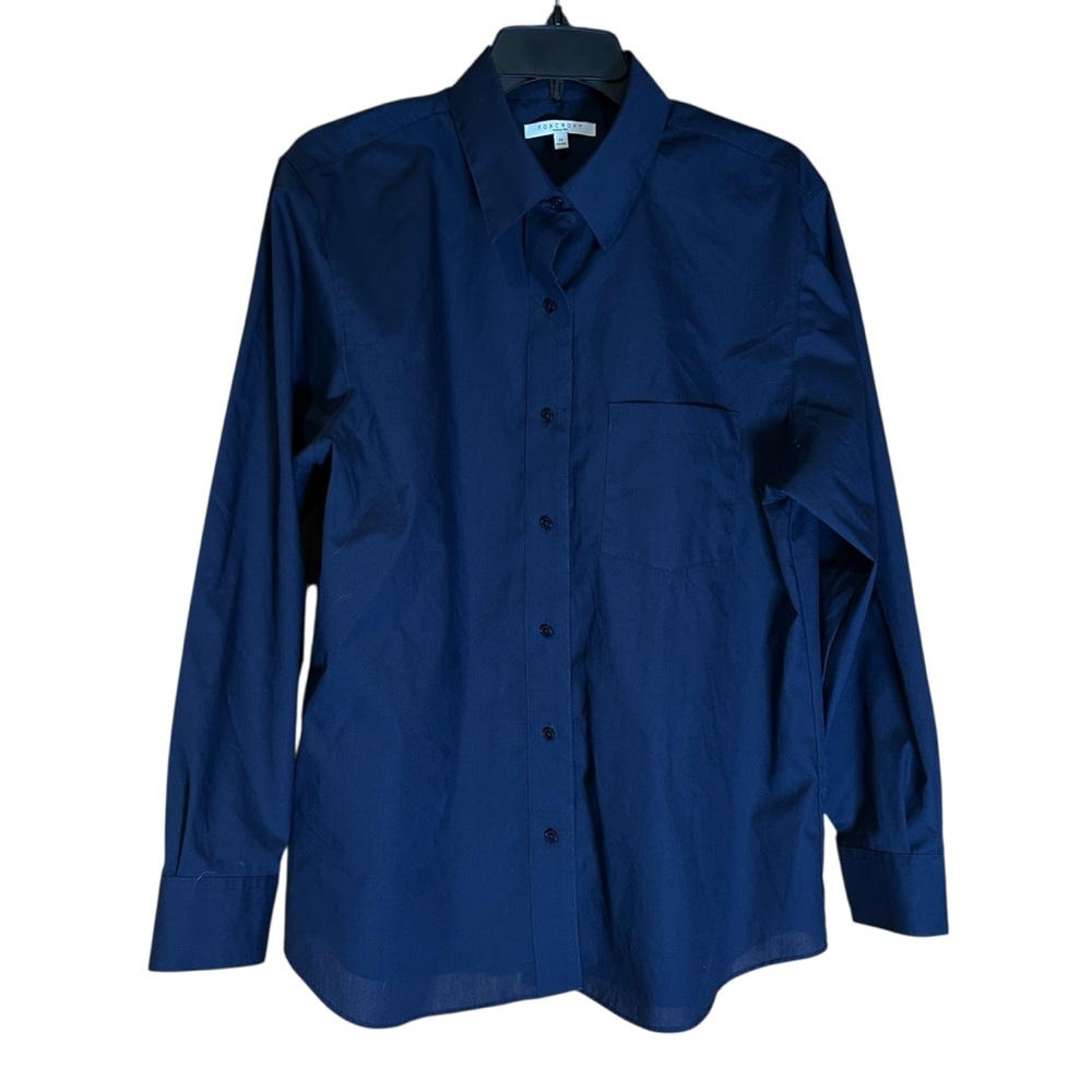 Foxcroft Womens Wrinkle Free Navy Button Front Shirt‎ 14 Shaped Minimalist